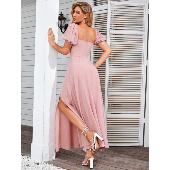 cottagecore Puff Sleeve Tie Front Off Shoulder Slit Thigh maxi Dress black - Picture 11 of 11